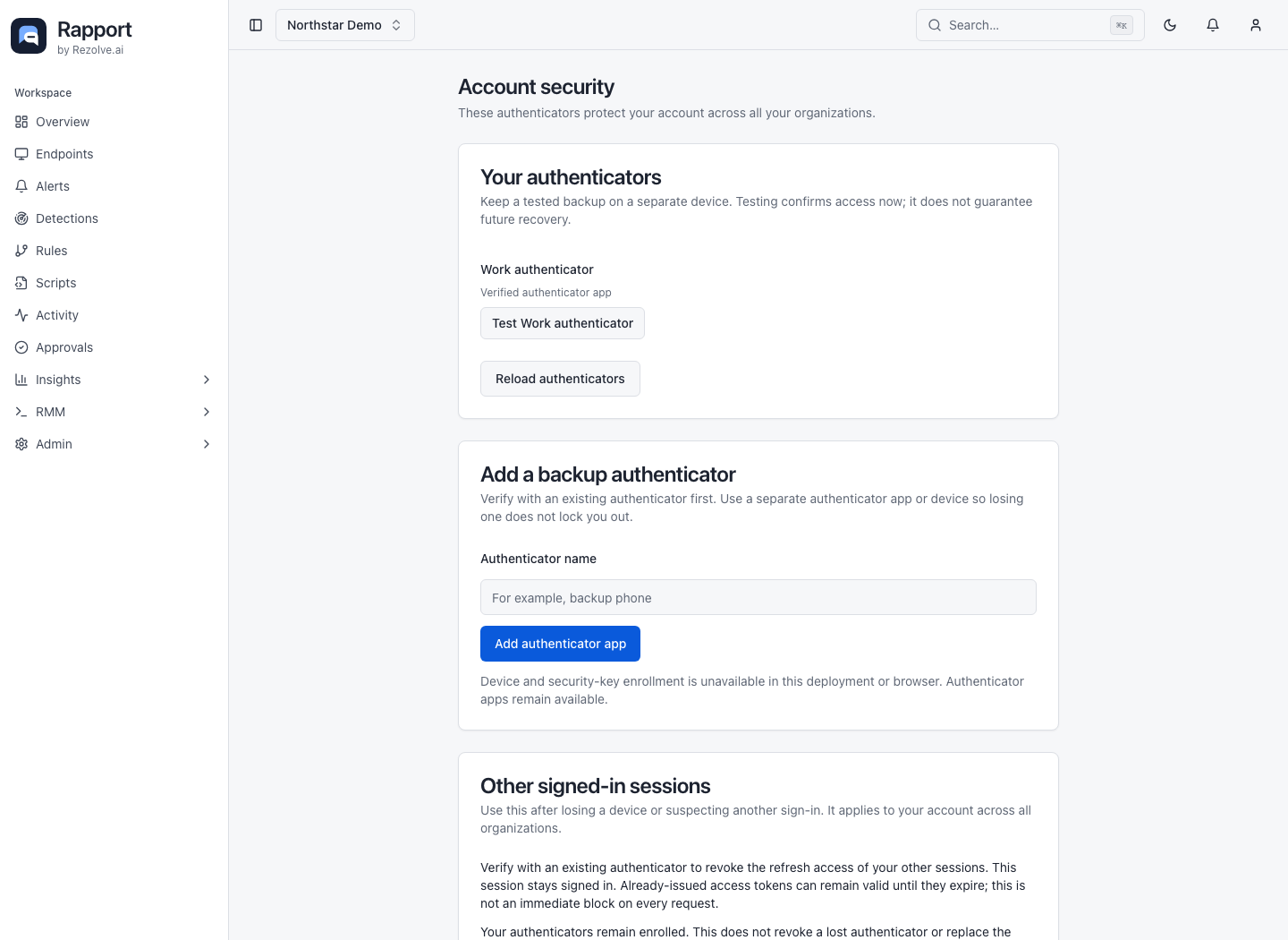 Account security page with authenticator list and backup setup controls