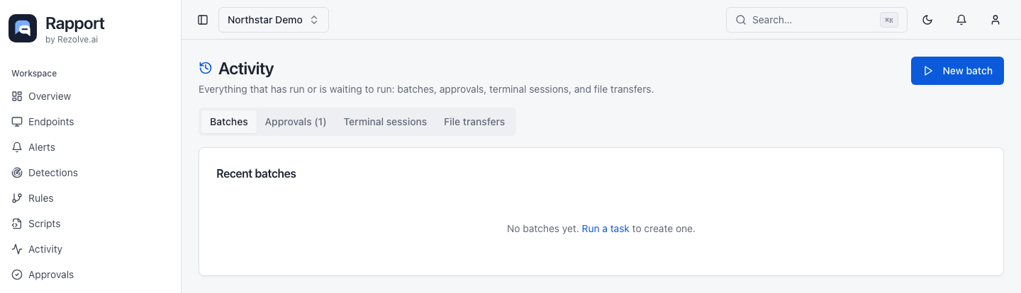Activity page with Batches, Approvals, Terminal sessions, and File transfers tabs