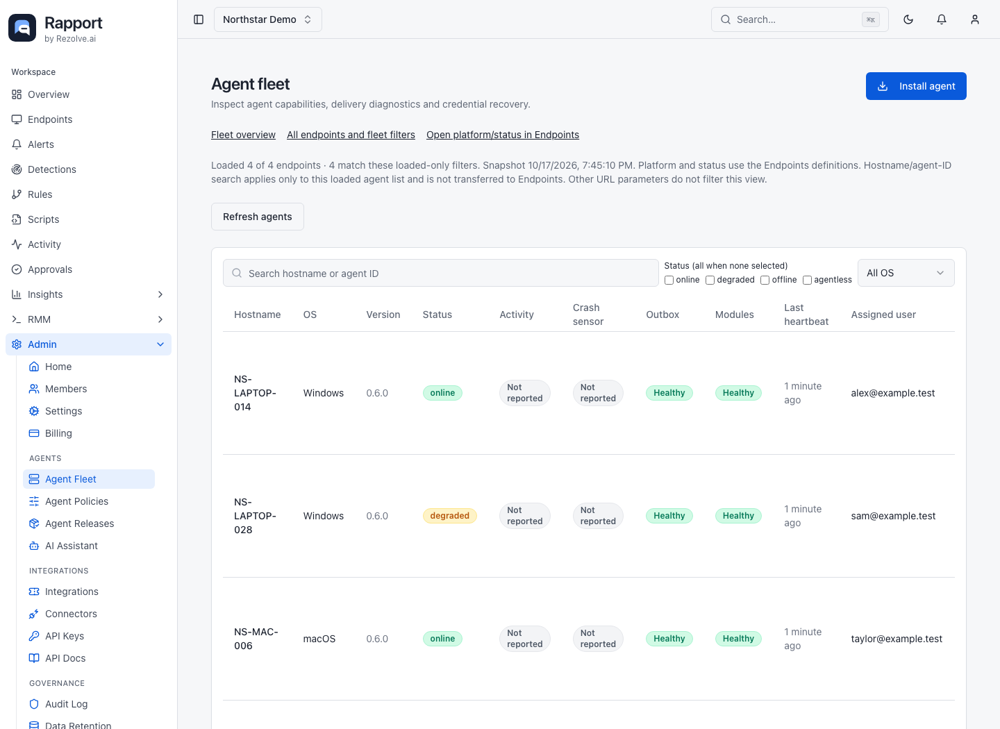 Agent fleet with search, platform/status filters, and per-device diagnostics