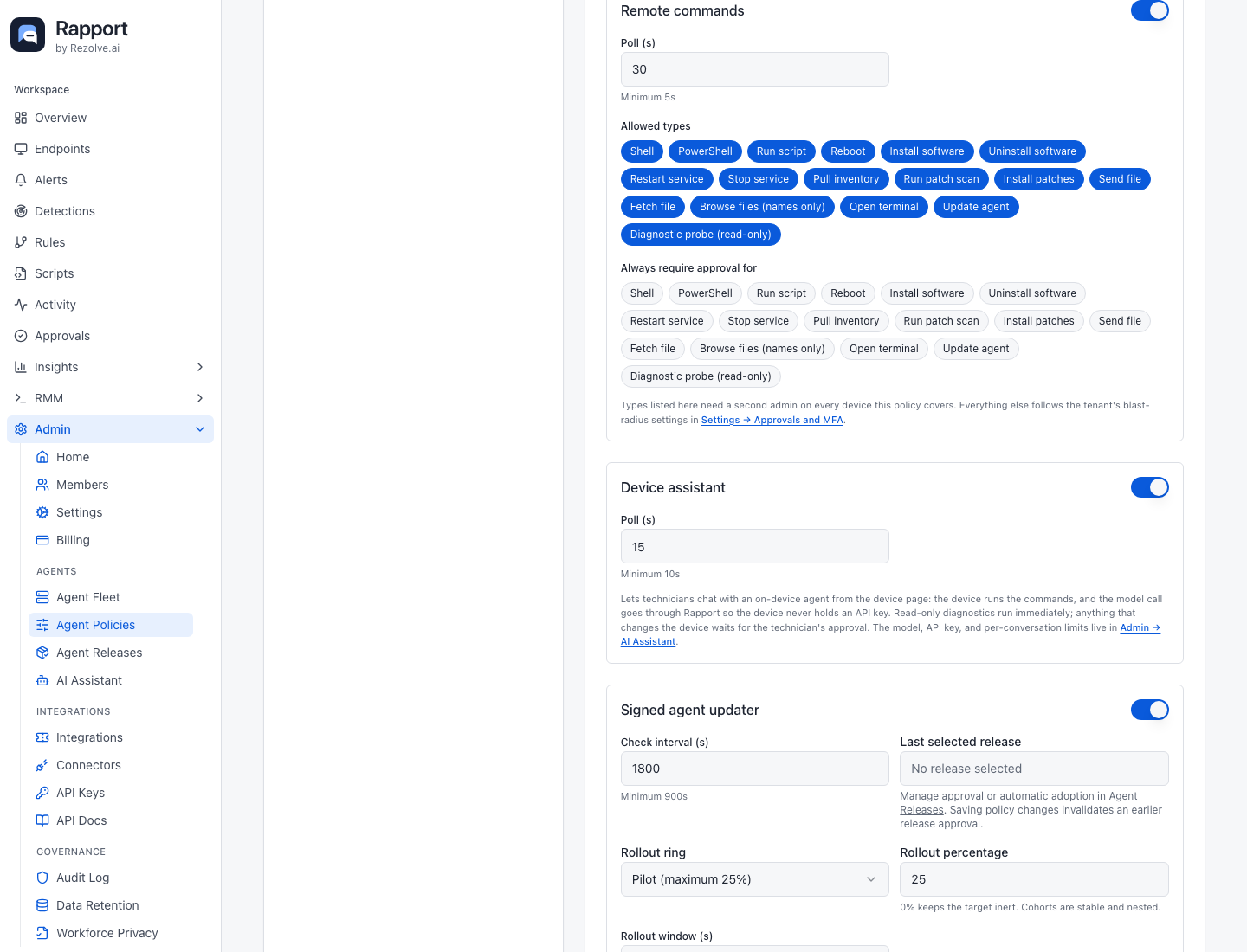 Agent policy remote-command permissions and device assistant controls