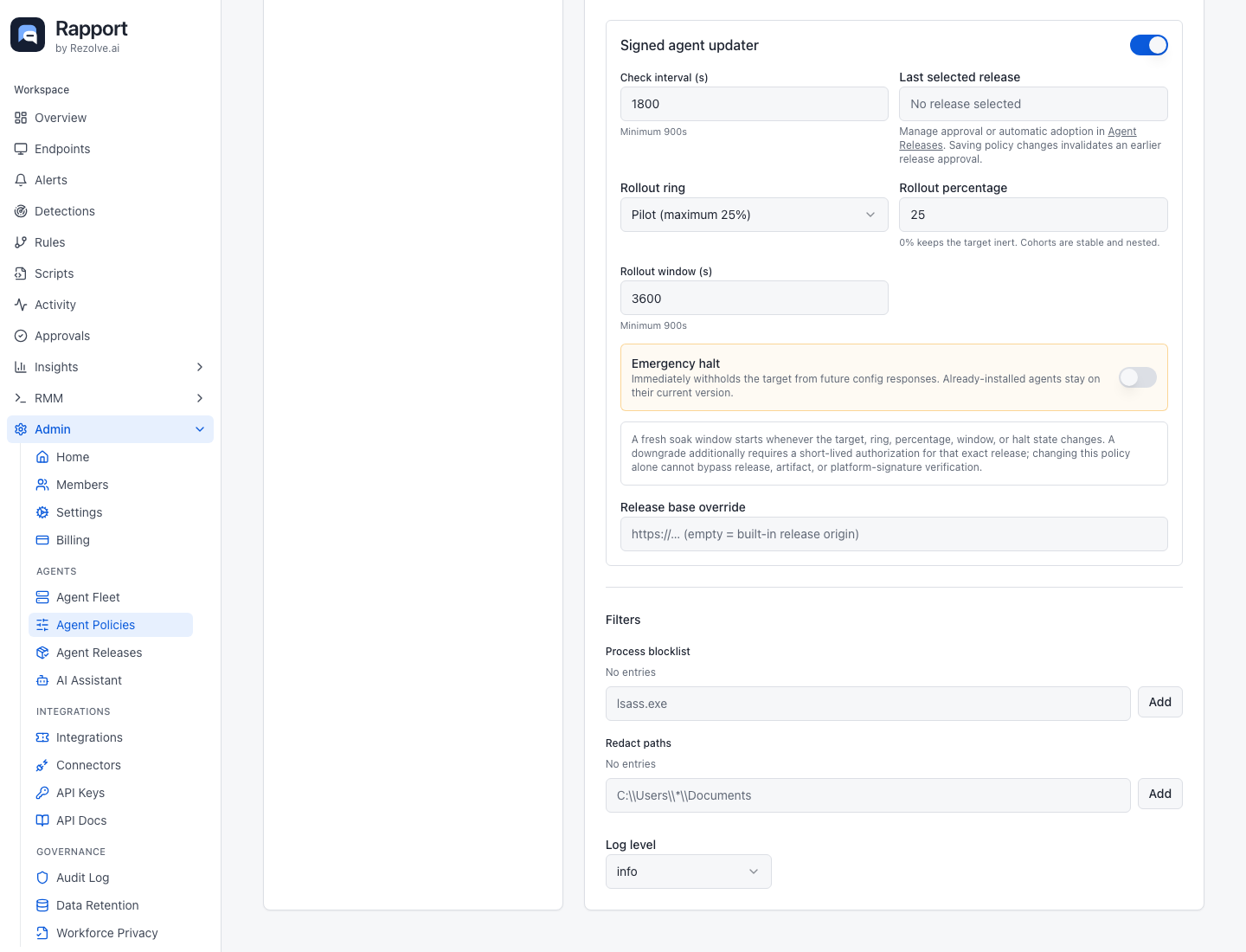 Signed agent updater controls showing Pilot ring, percentage, observation window, and emergency halt