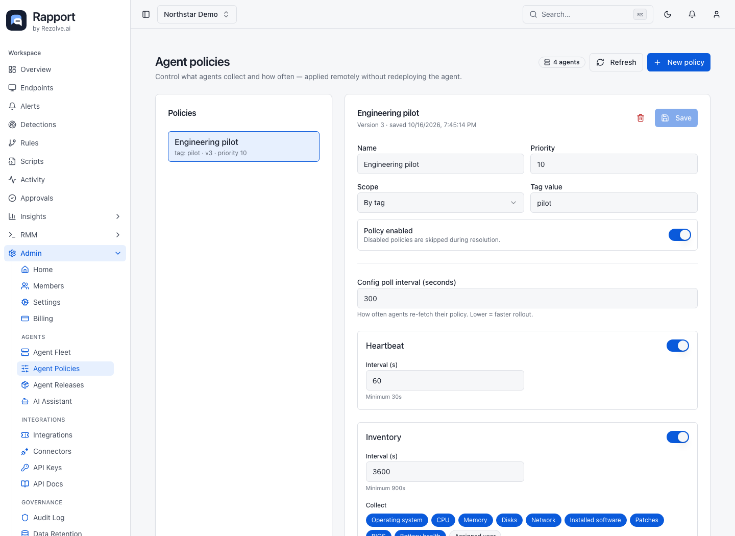 Agent policy list and configuration editor