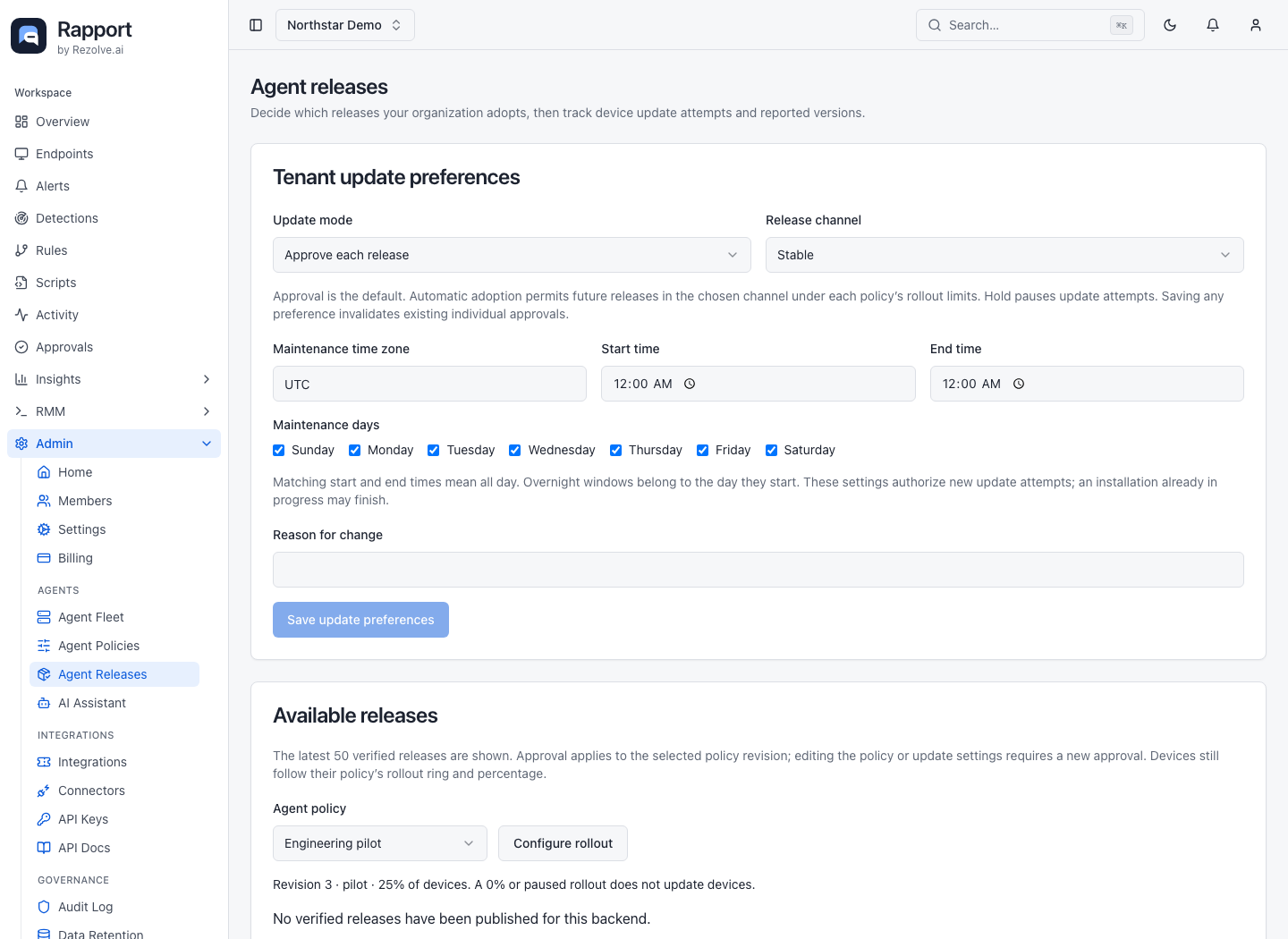 Agent releases page with adoption preferences, verified releases, and fleet status
