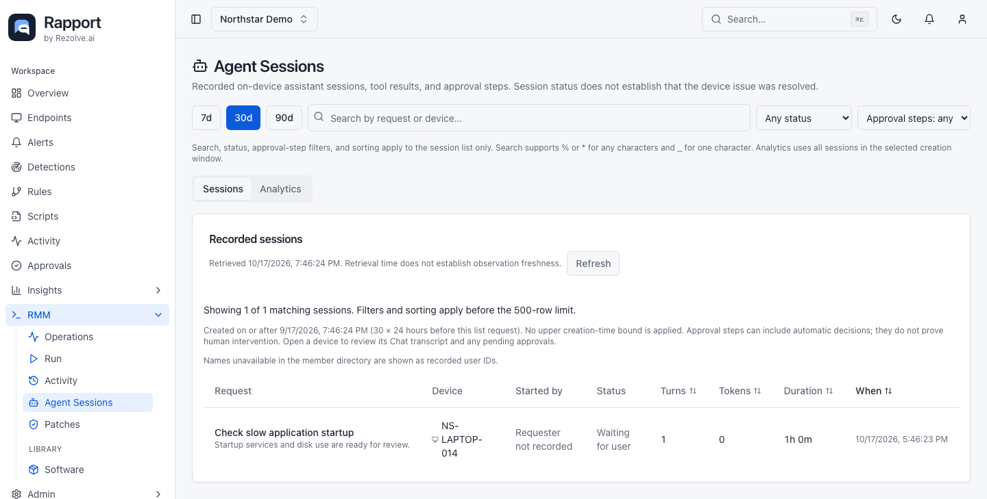 Agent Sessions page with time windows, request search, status and approval-step filters, and session table