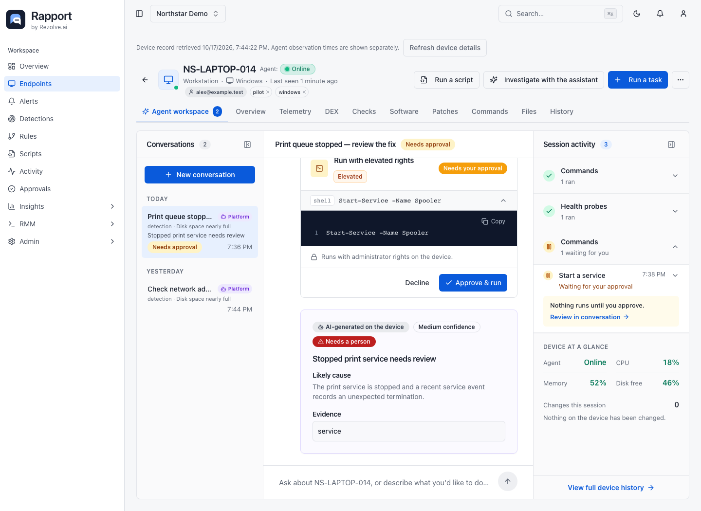 Device Agent workspace with conversation list, conversation, composer, and activity pane