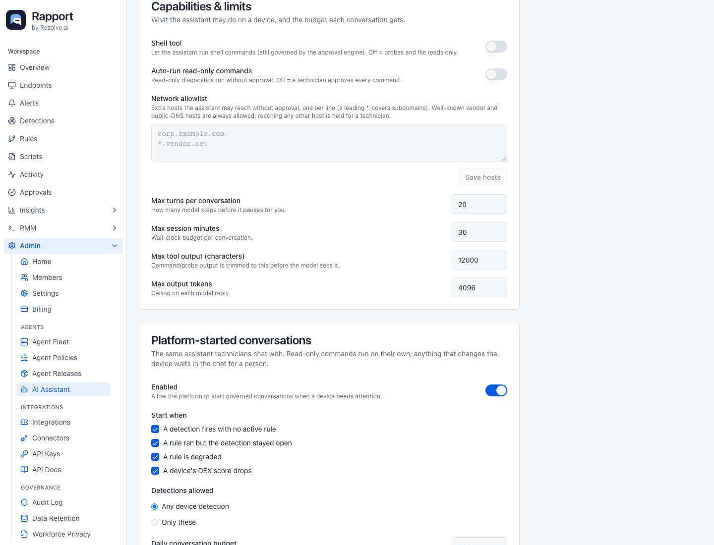 Device assistant capability switches, network allowlist, and conversation budgets
