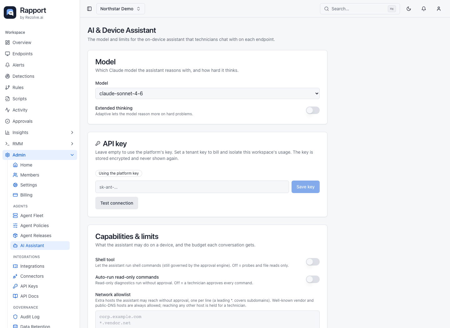 AI and Device Assistant settings with model, API key, and capability limits