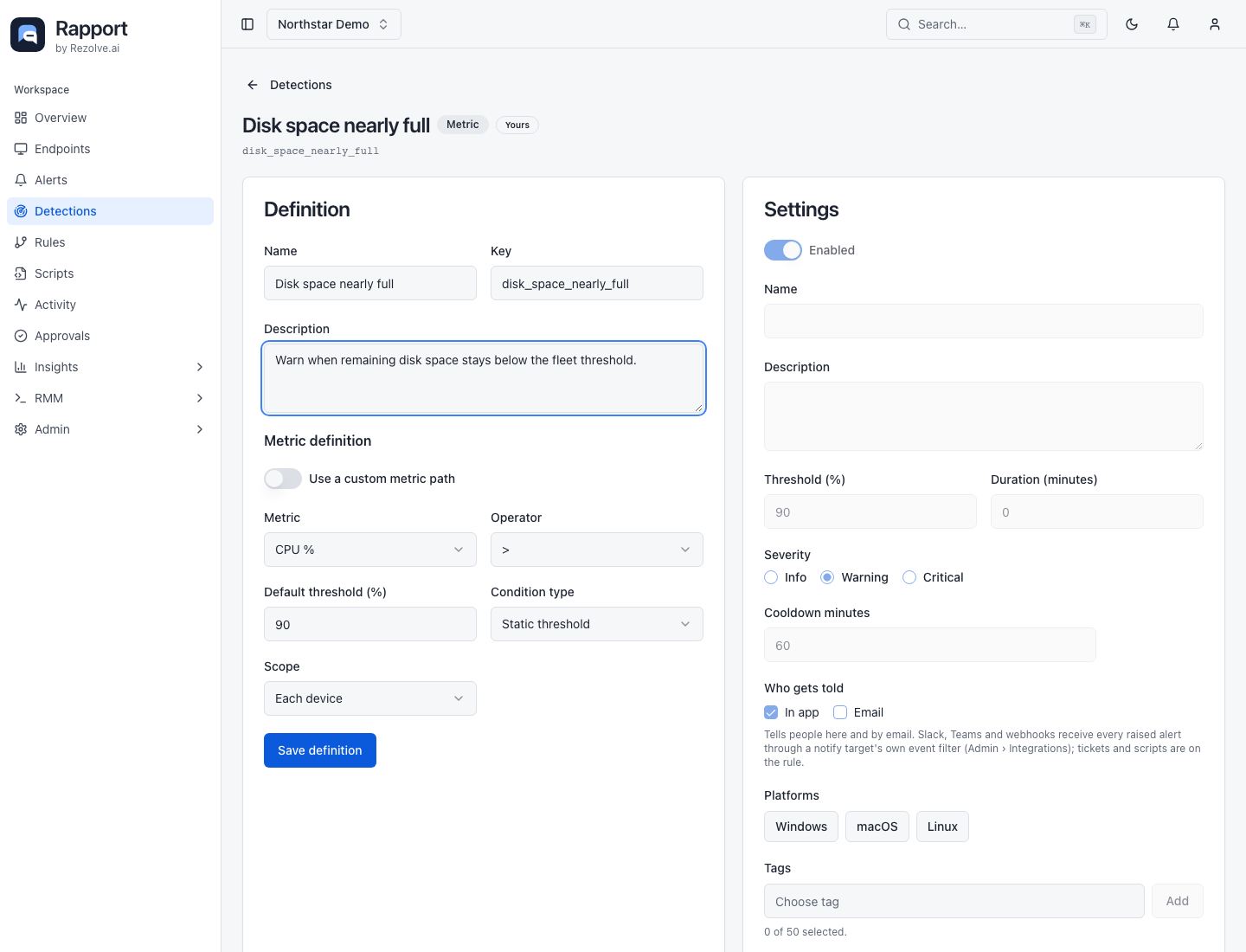 New metric detection editor with identity, metric condition, severity, routing, and organization settings