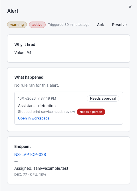 Alert detail panel with its state, trigger evidence, rule condition, and linked endpoint