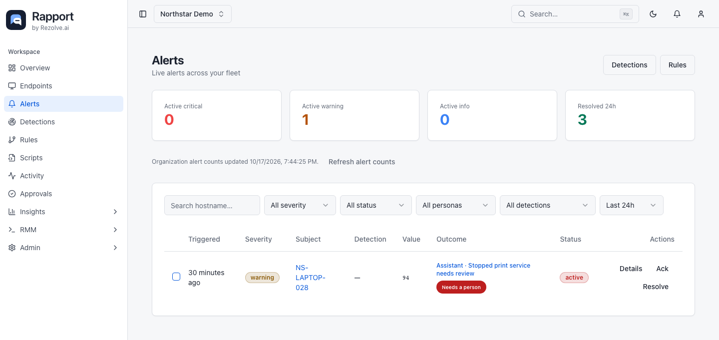Alerts feed with hostname search, severity, status, persona, rule, and time filters