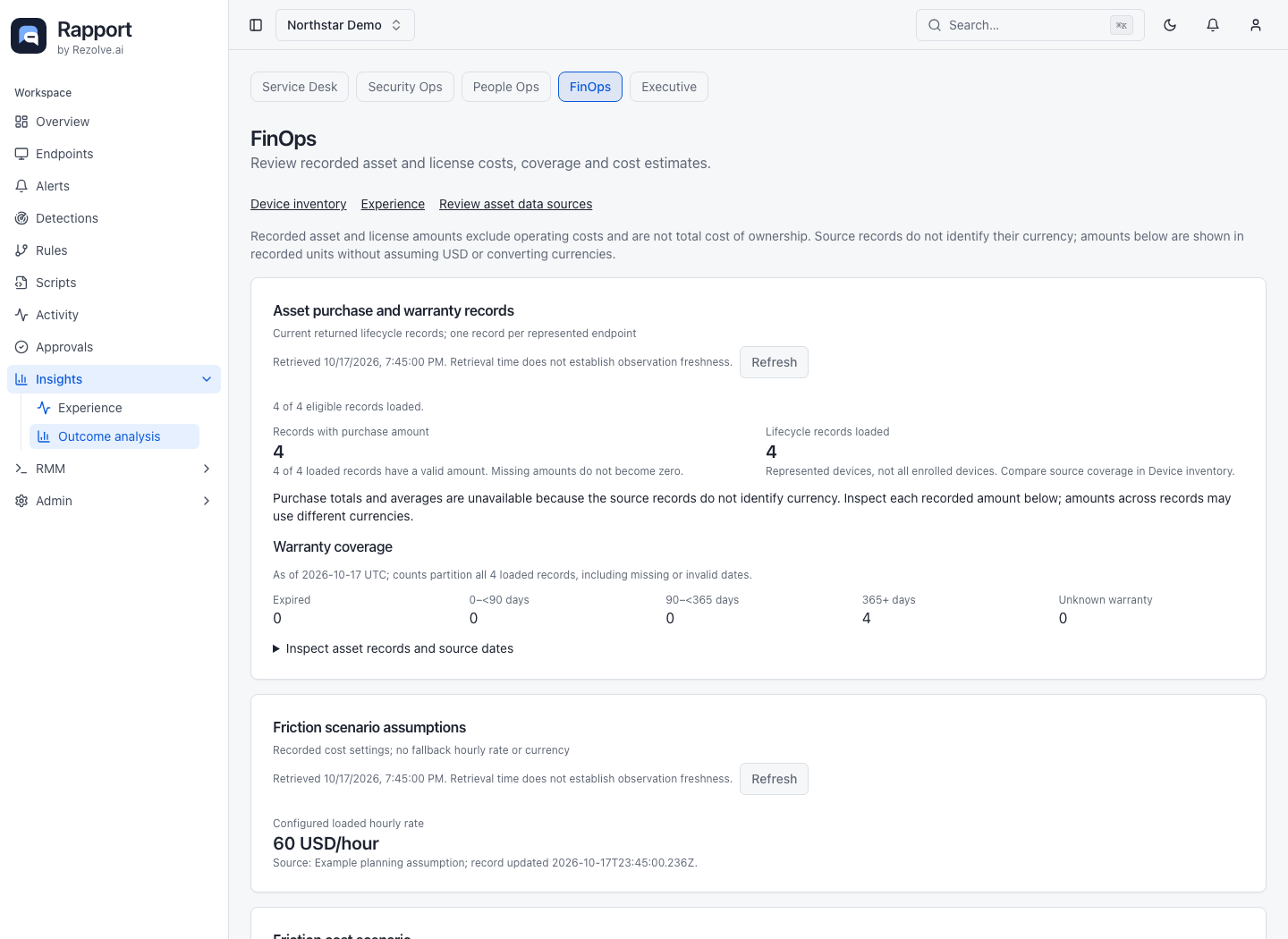 FinOps shows the available asset and warranty records. Expand the source-record detail to inspect individual amounts, dates, and device links.