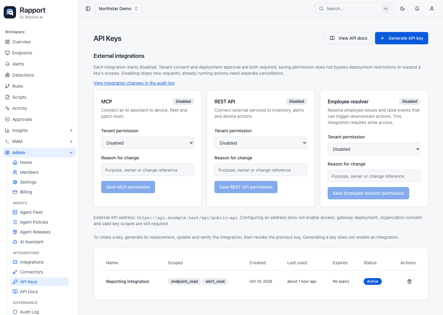 API key inventory with scopes, expiry, and generation control