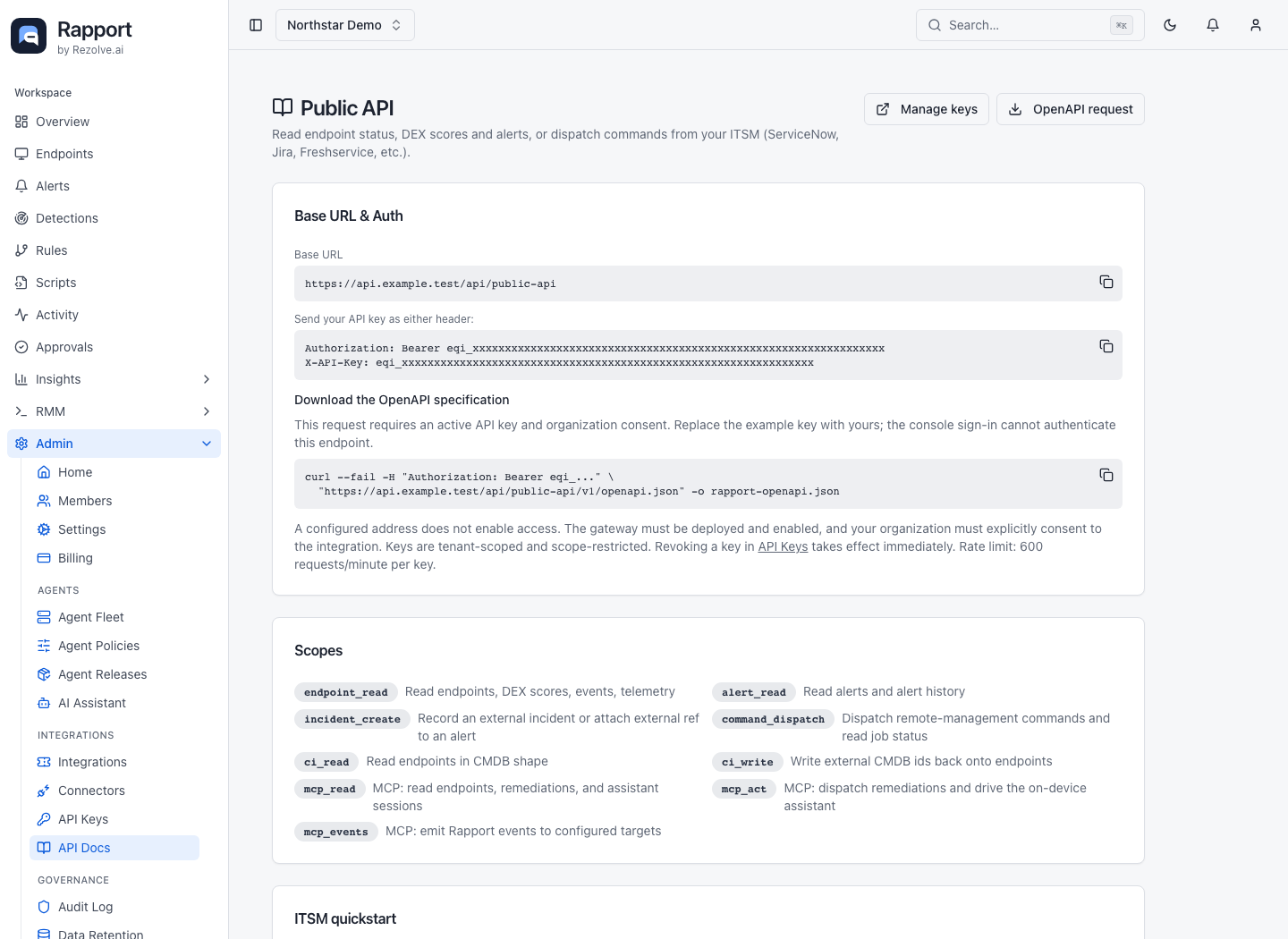 API reference authentication card and expandable endpoint documentation