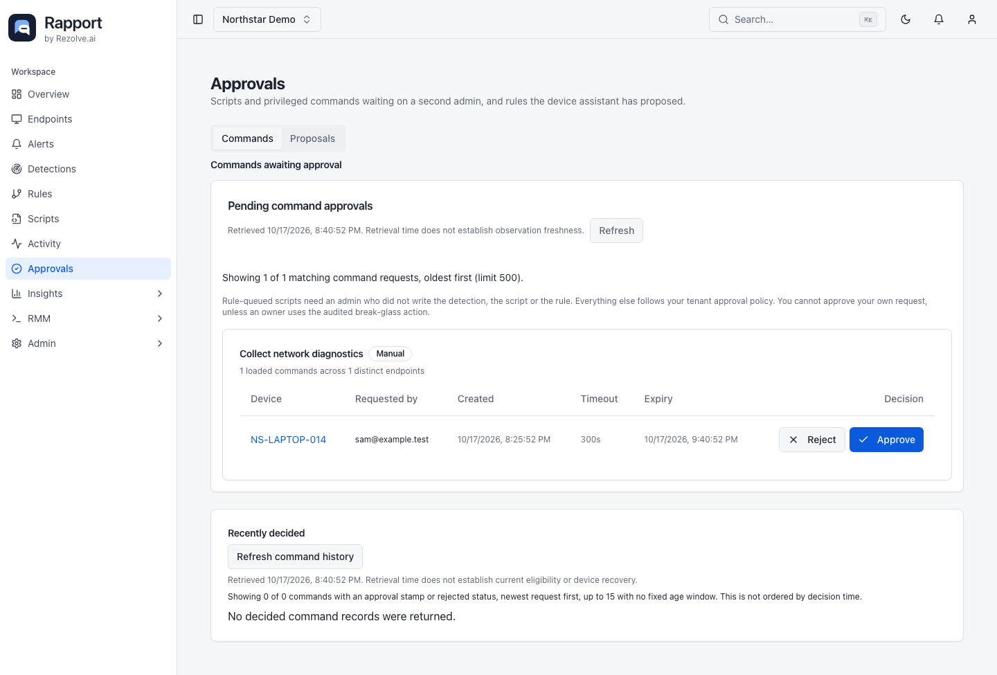 Approvals page with pending command and remediation requests and decision controls
