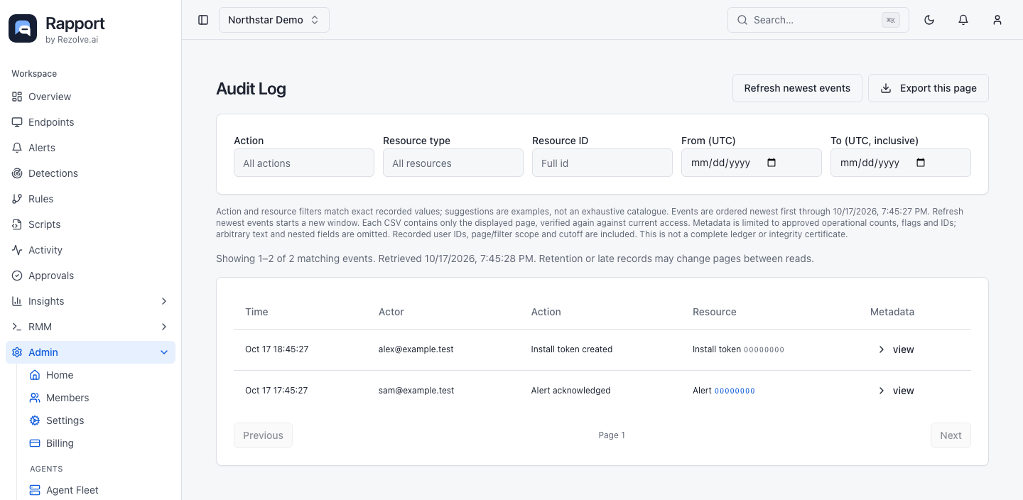 Audit Log filters, event table, metadata controls, and page export