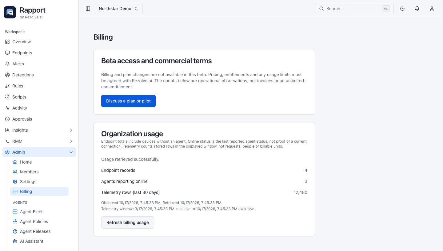 Billing page with beta terms, operational usage, and plan discussion link