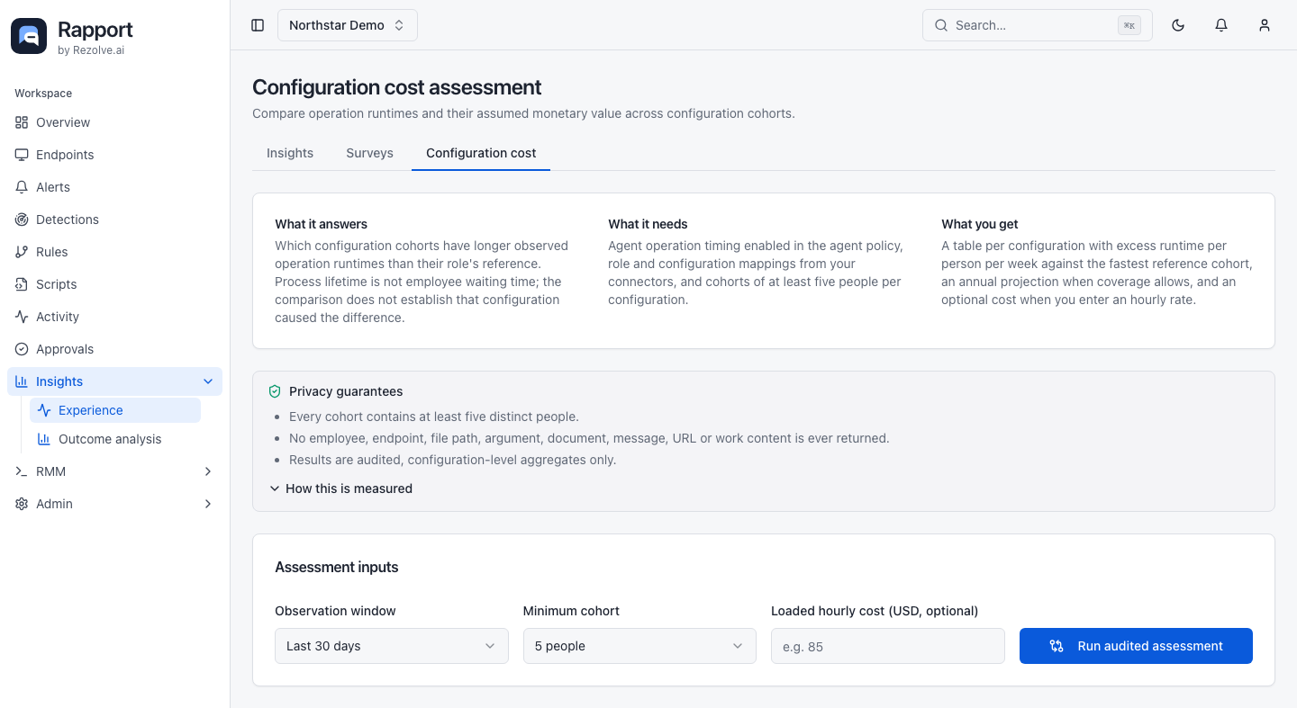Assessment inputs control the observation window, minimum cohort, and optional hourly cost. Run audited assessment calculates a new result for those inputs.
