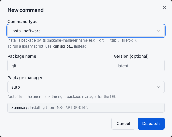 New command dialog with Pull inventory selected and a summary naming the target device