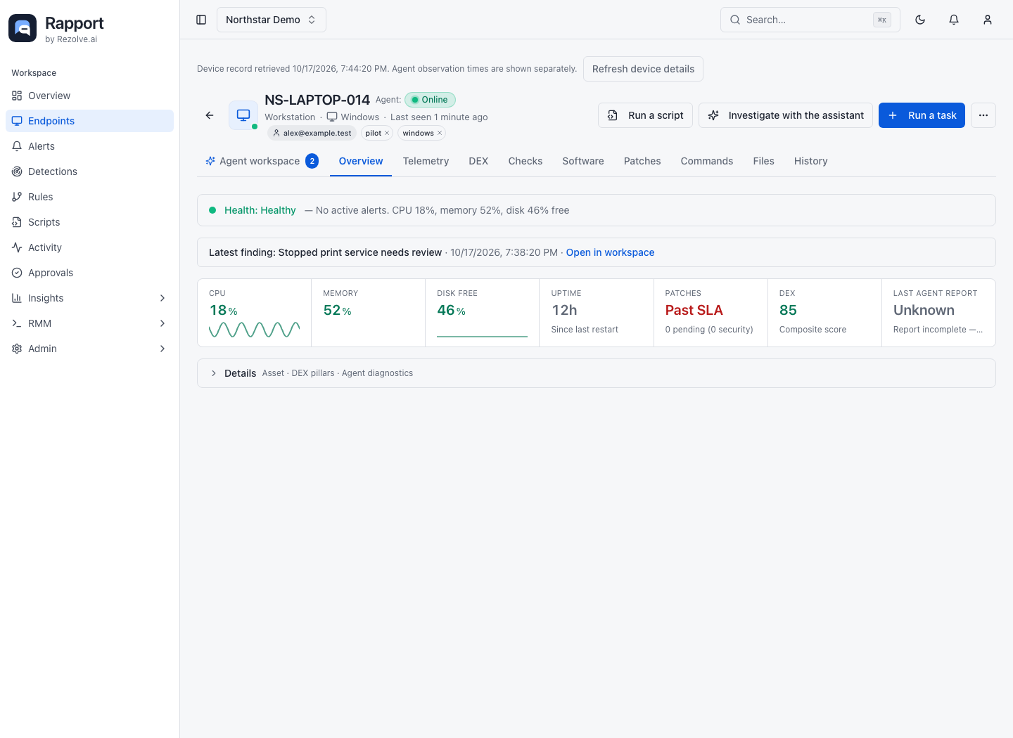 Device detail page with identity, agent status, tab navigation, and management actions