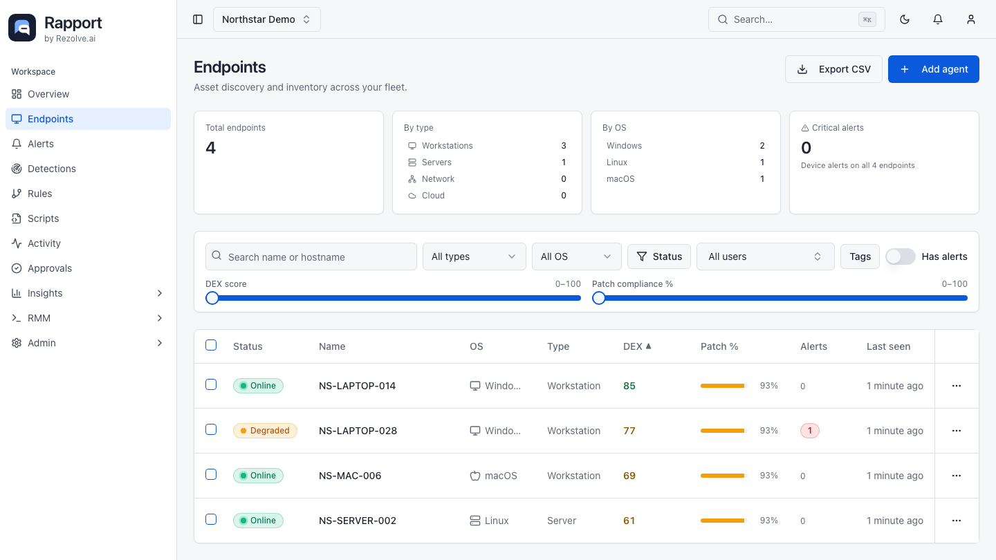 Device inventory with search, filters, device rows, and selection checkboxes
