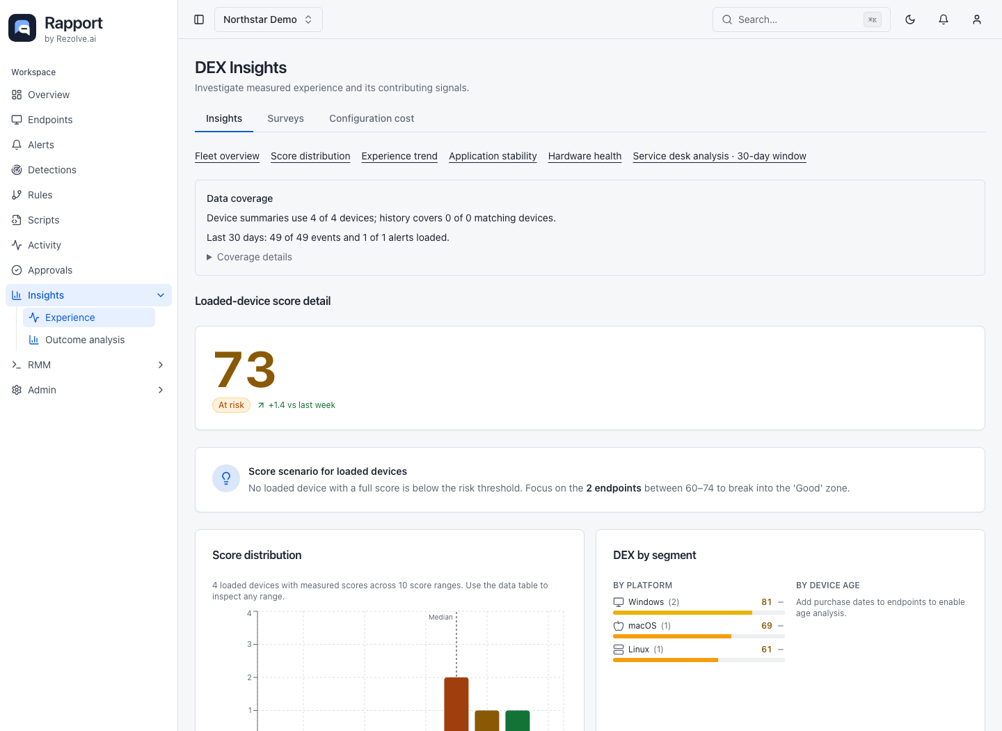 Start with the coverage panel and Loaded-device score detail. Select a pillar in the score card to inspect its contributing signals and lowest-scoring devices.