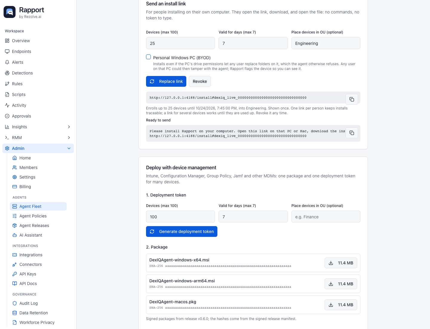 Install link and deployment-token controls