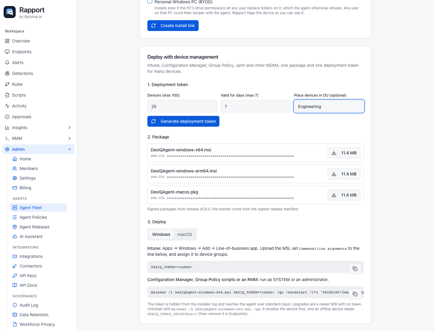 Device-management deployment section with token limits and package/deploy instructions