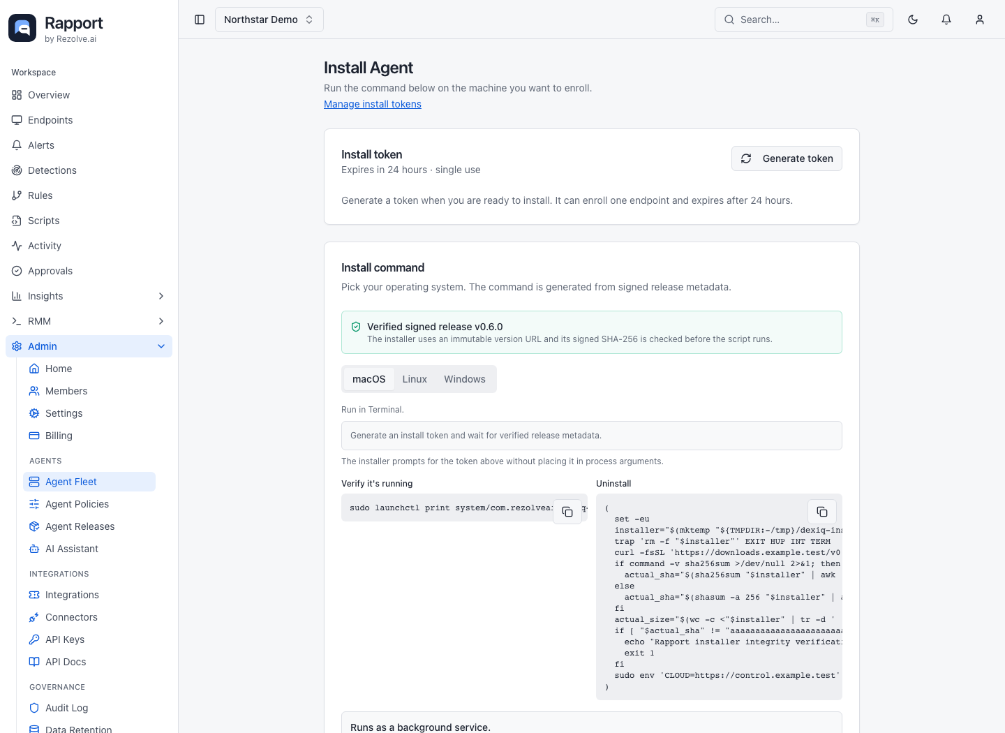 Install Agent page with install token, verified release, and operating-system tabs