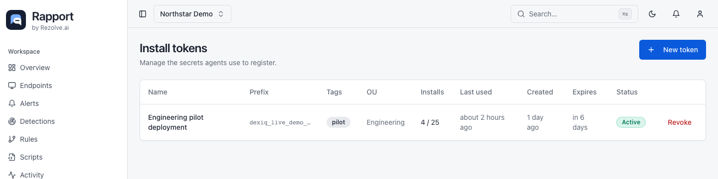 Install token inventory with prefix, consumption, expiry, and revoke controls