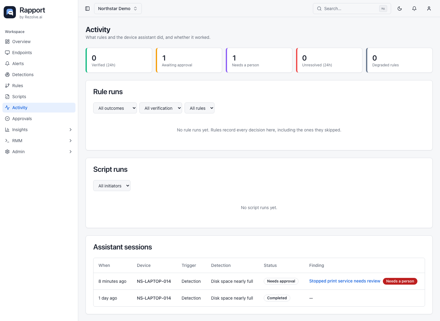 Activity view with rule, script, and device-assistant outcomes plus links for records needing a person