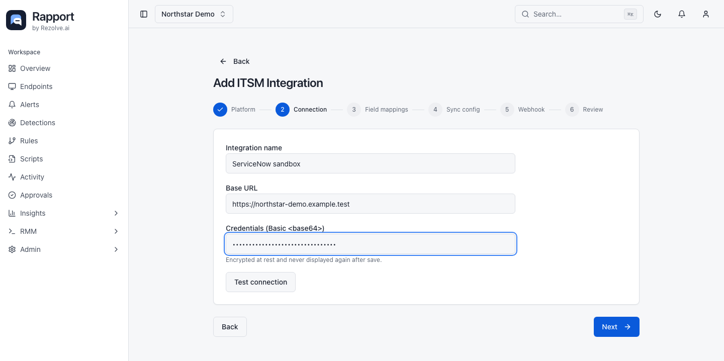 ITSM wizard connection step with name, base URL, credential, and Test connection