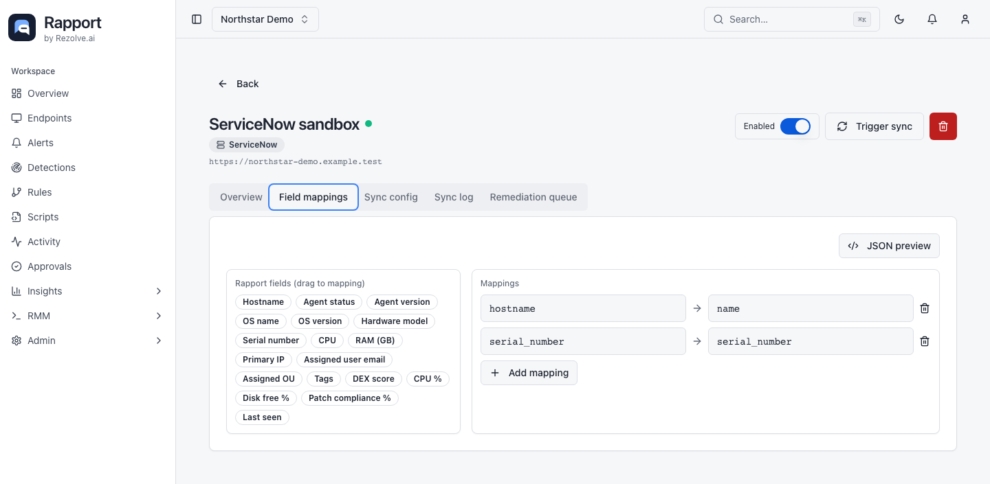 Field mappings editor with draggable Rapport fields, source-target pairs, Add mapping, and JSON preview