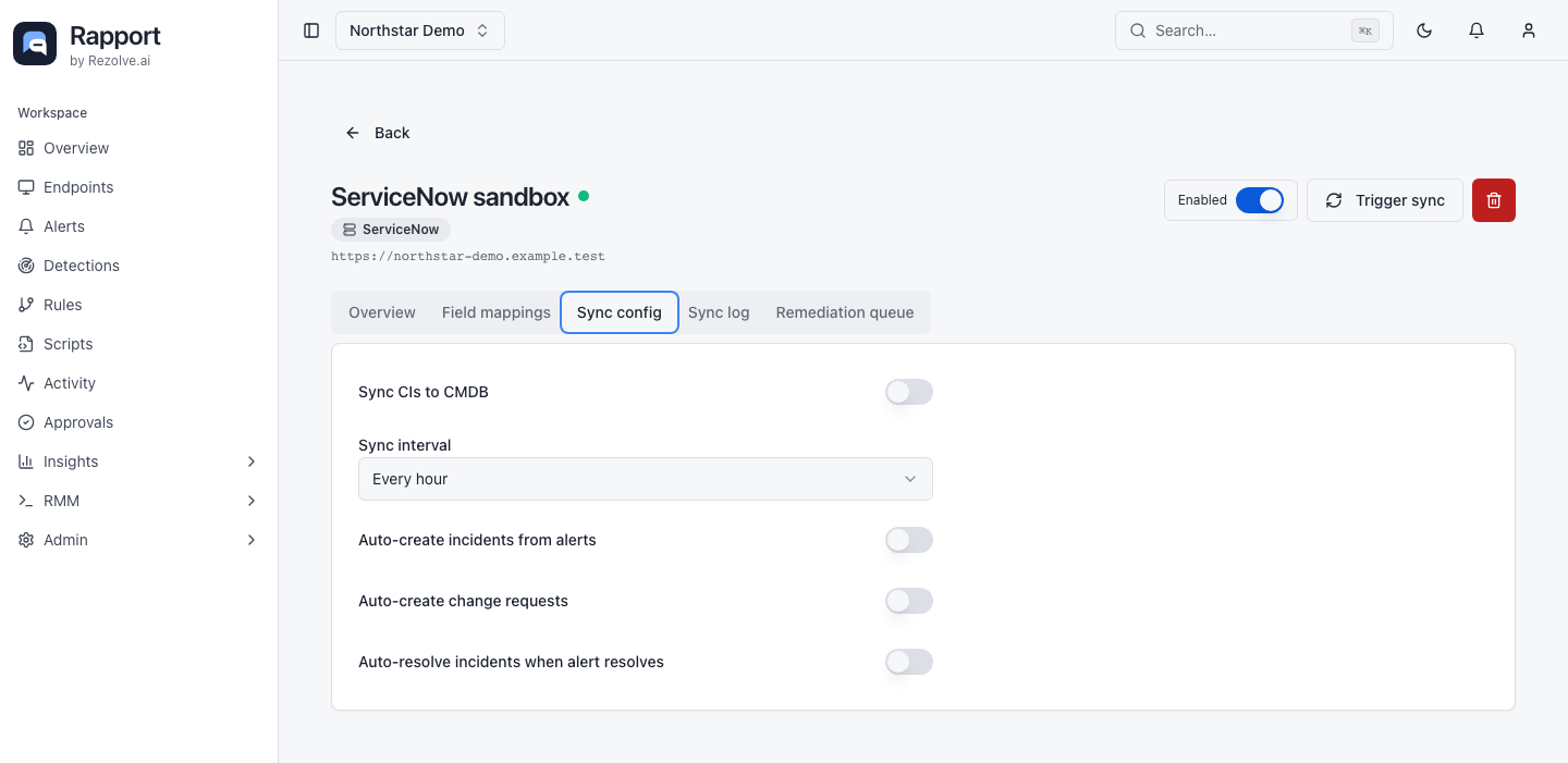 Sync configuration with CI synchronization, interval, incident, change-request, and auto-resolution switches