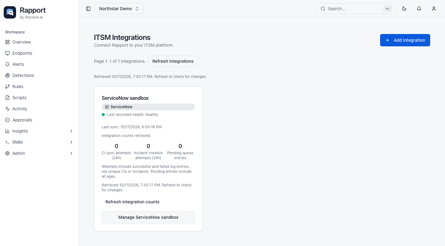 ITSM integrations overview with configured platforms and manage controls