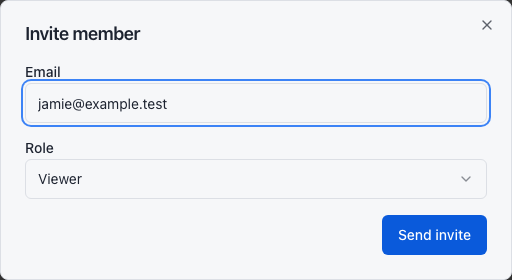 Invite member dialog with email and role fields