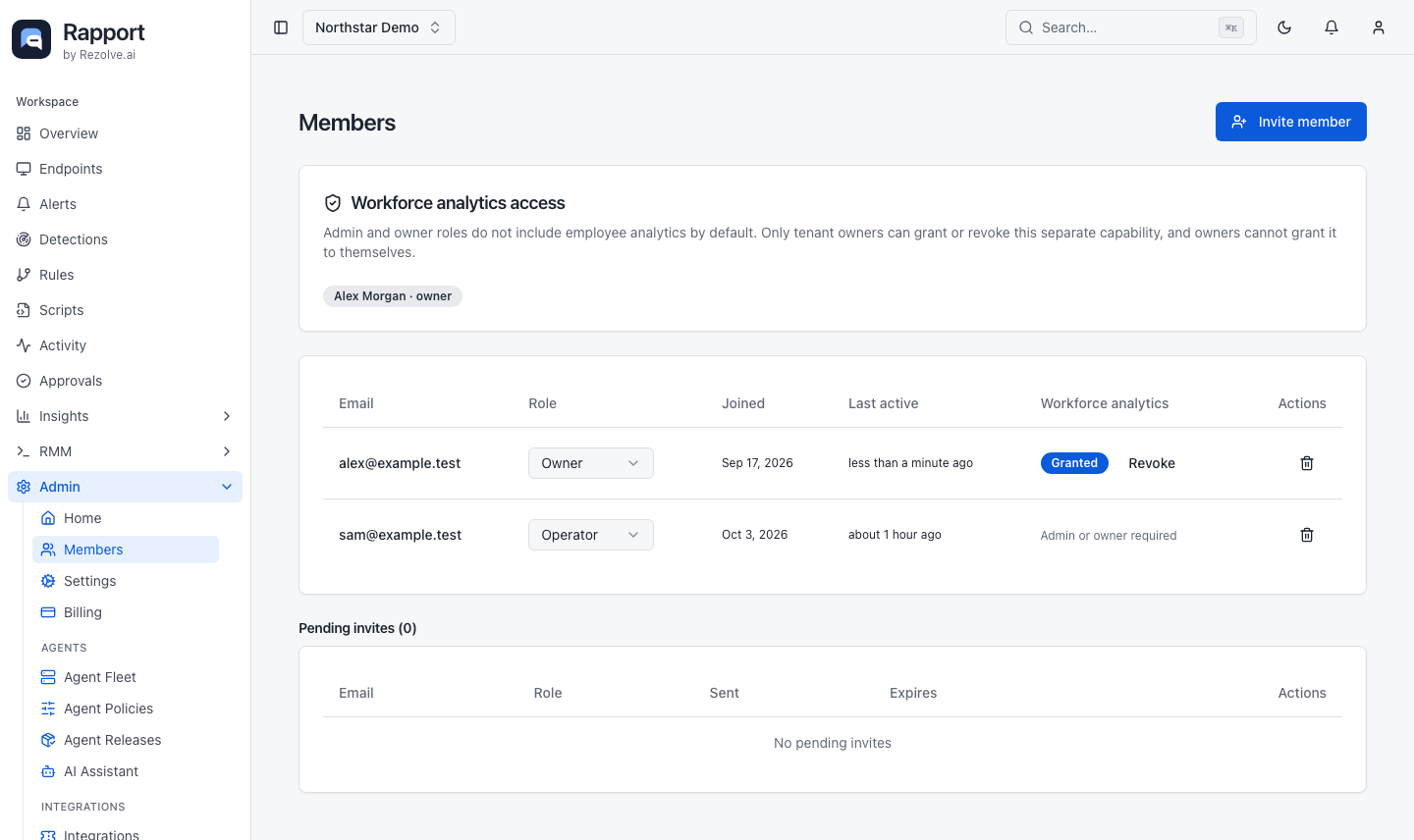 Members page showing roles, workforce access, and pending invitations