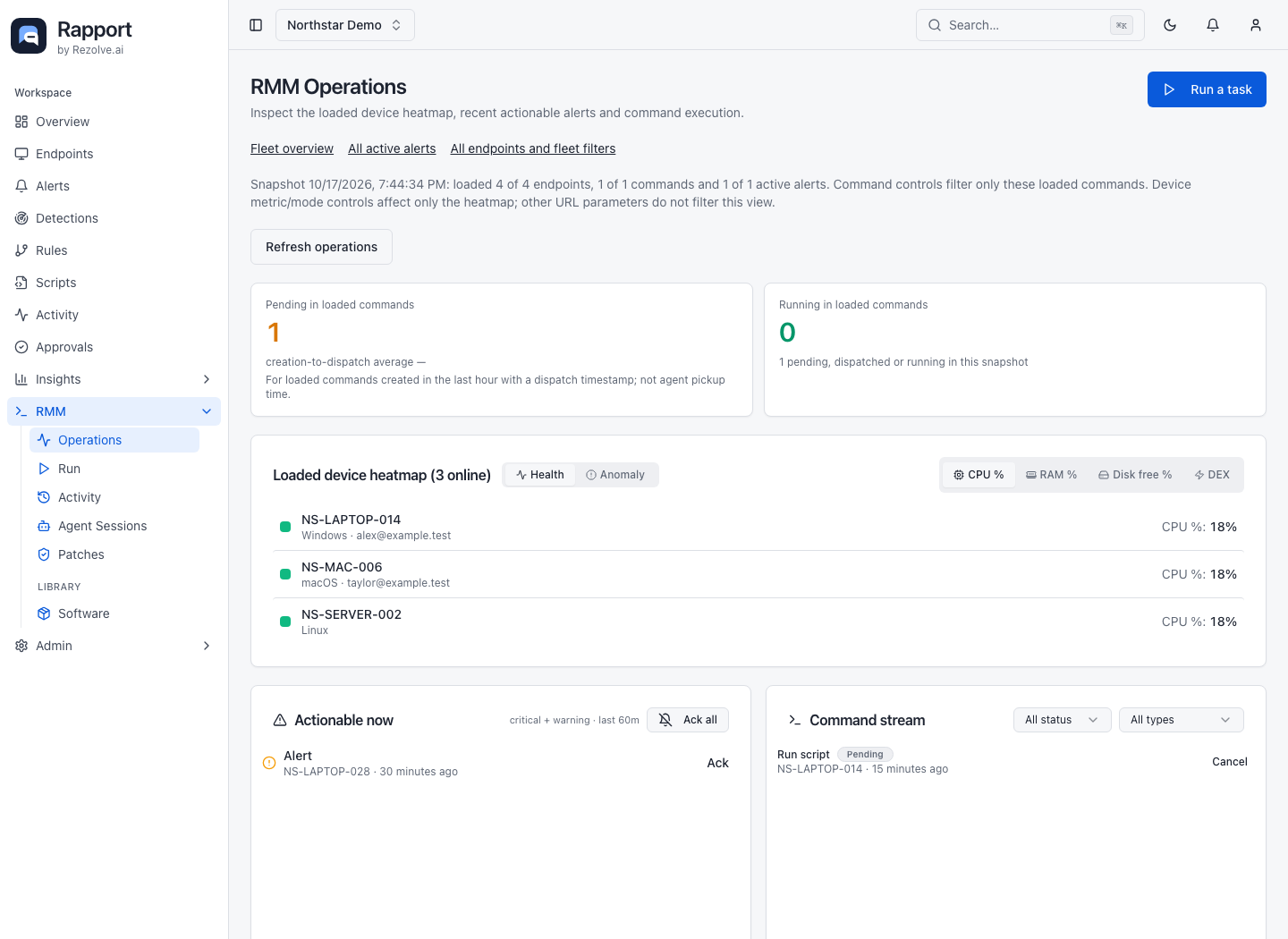 RMM Operations showing device heatmap, actionable alerts, and command activity