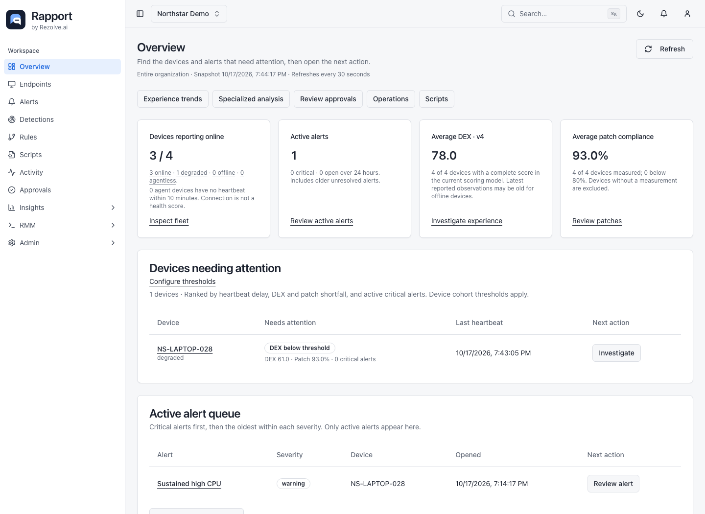 The console’s Overview is your starting point. Use the organization selector at the top, the navigation at the left, and the Investigate or Review alert action beside a work item.
