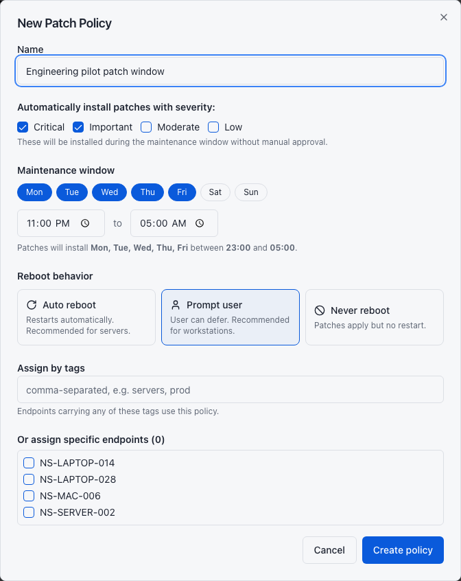 Patch policy form showing automatic severities, maintenance days and times, reboot behavior, and assignments