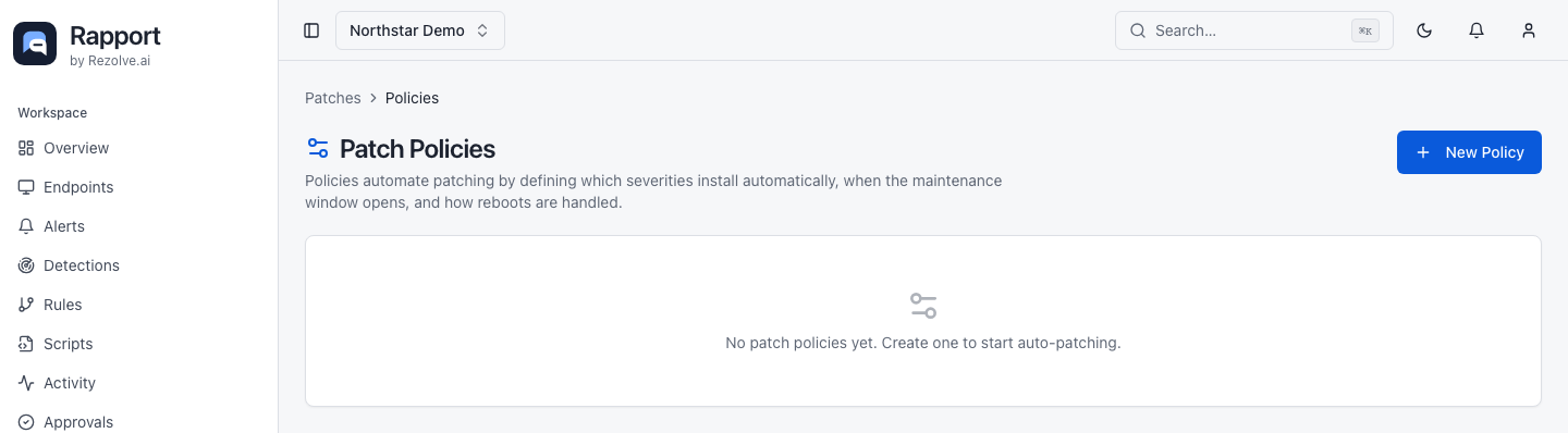 Patch Policies list with policy summaries and the New Policy action