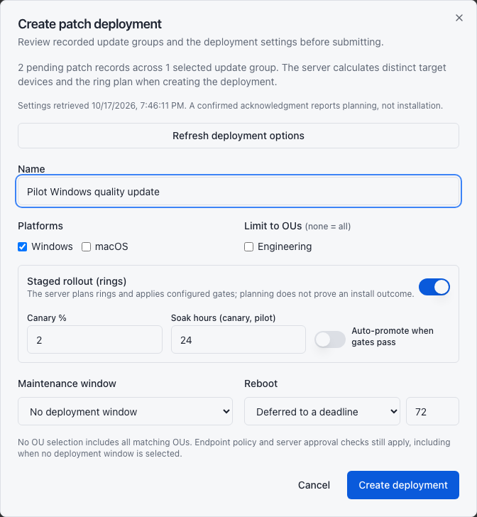 Patch deployment dialog with platform and OU targeting, rollout rings, maintenance window, and reboot controls