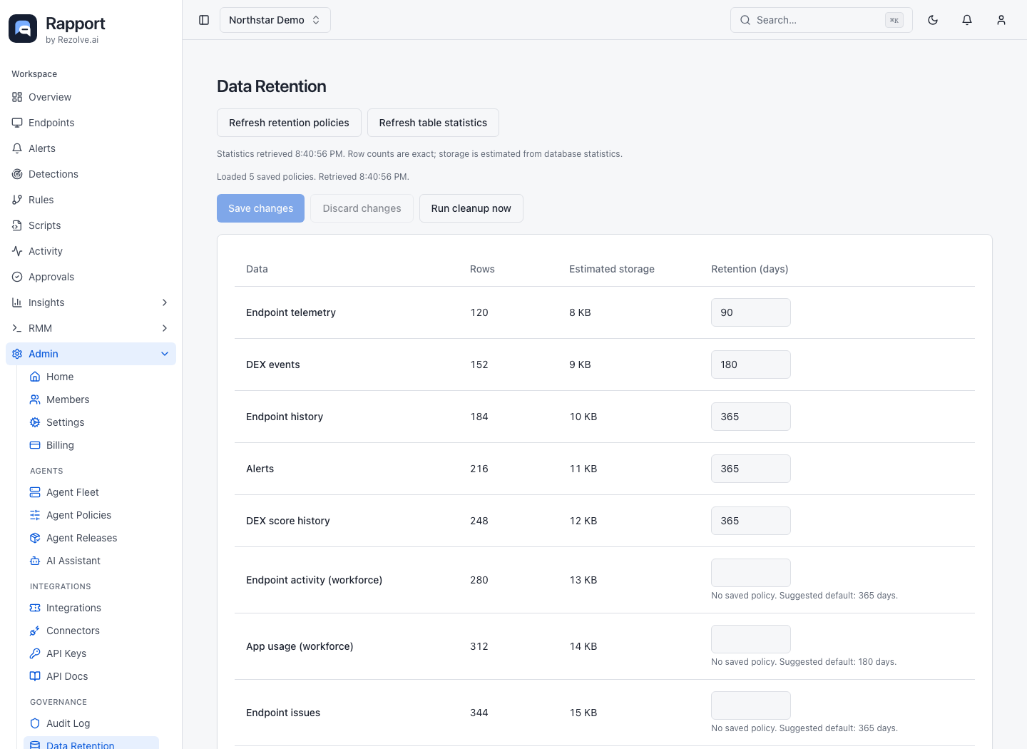 Data Retention table with editable day counts and save/cleanup controls