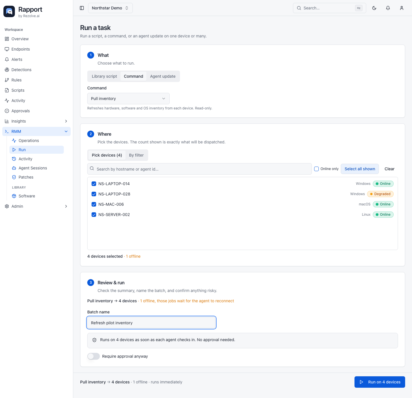 Run a task with Pull inventory selected, four target devices, and an offline-device warning