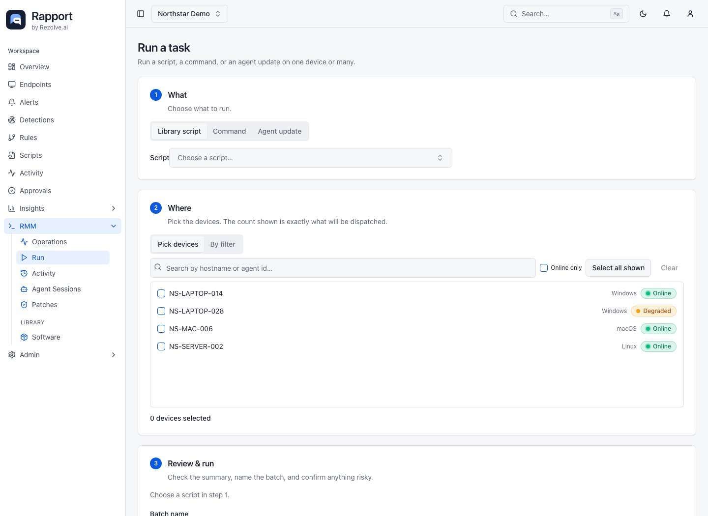 Run a task page with What, Where, and Review & run sections