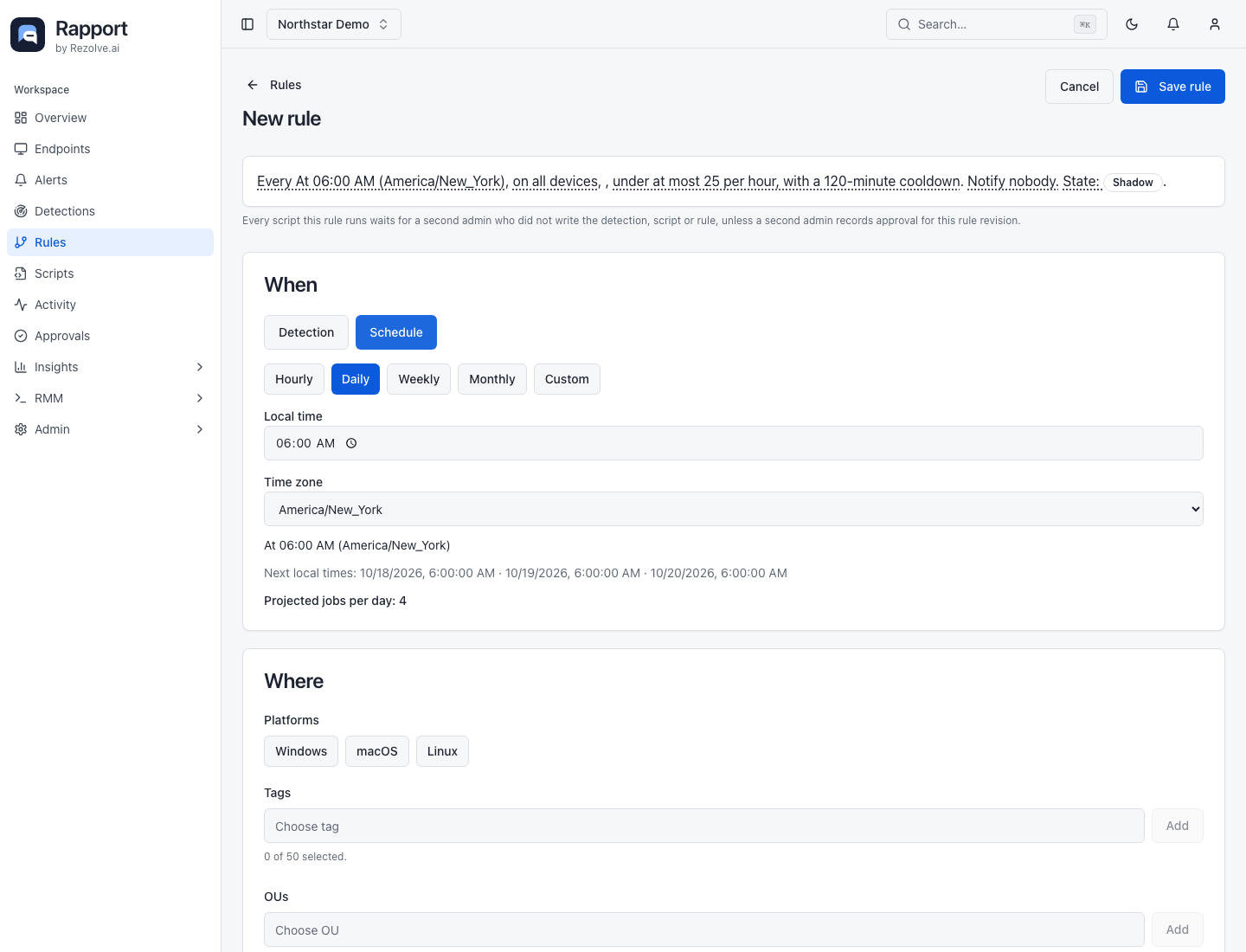 Rule builder configured for a scheduled trigger with schedule, time zone, scope, steps, and guardrails