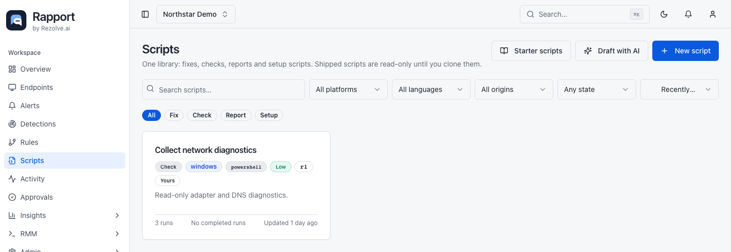 Script library with search, platform and language filters, cards, and creation actions
