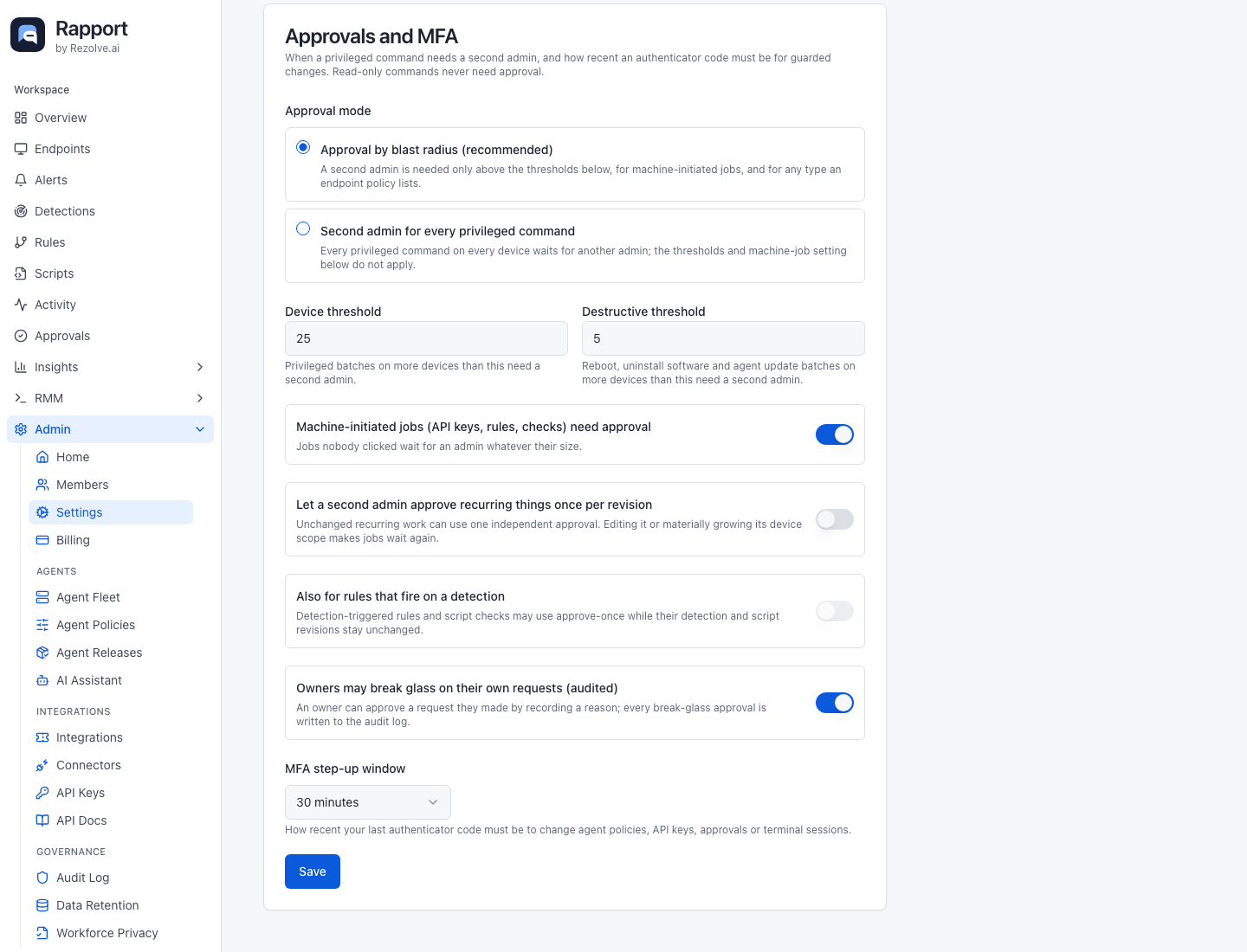 Approvals and MFA card with approval mode, thresholds, machine-job gate, and owner break-glass switch