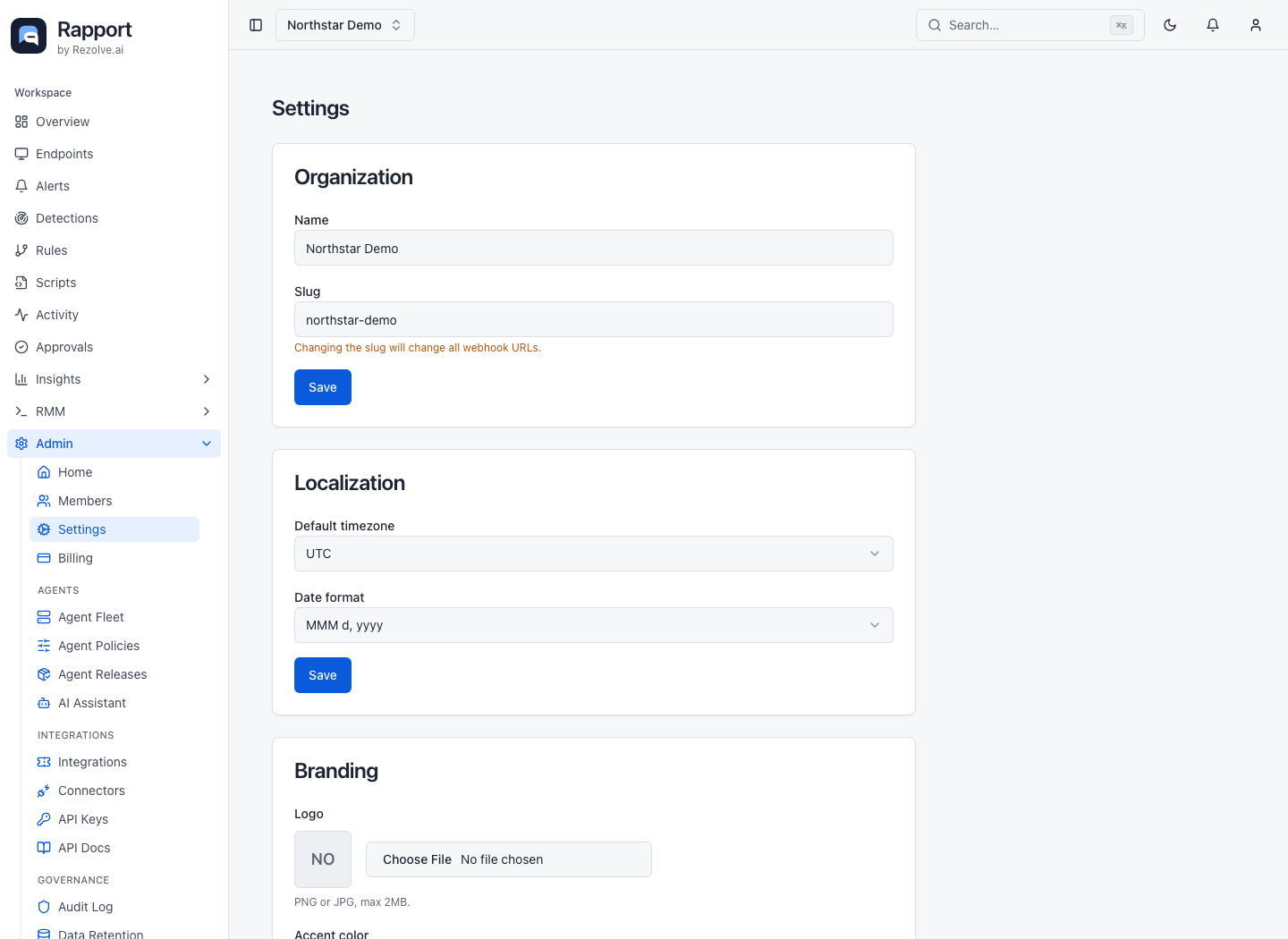 Organization Settings page with separate cards and save controls