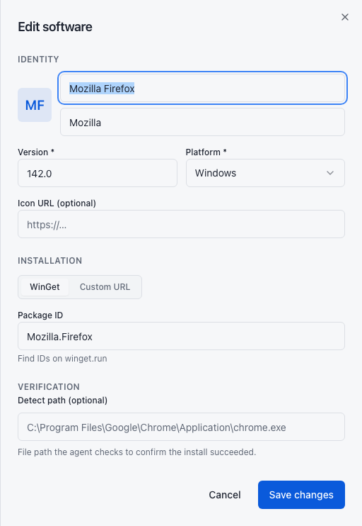 Software catalog editor with Identity, Installation, and Verification sections