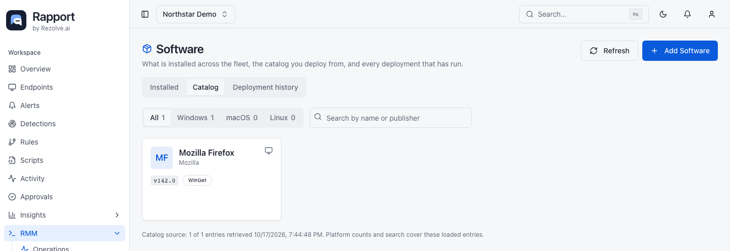 Software catalog with platform tabs, search, application cards, and Deploy actions
